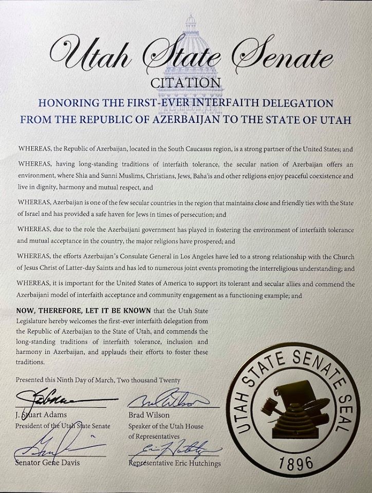 Utah State Senate adopts proclamation commending Azerbaijans multiculturalism (VIDEO)